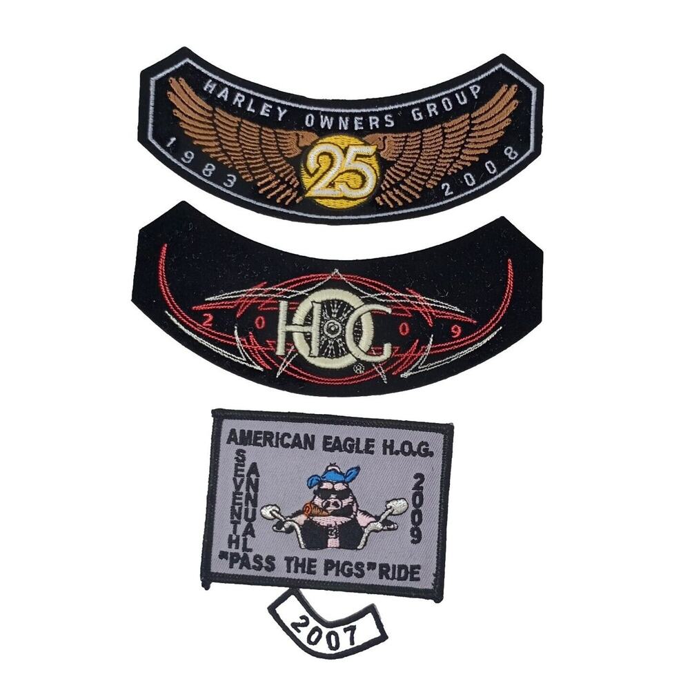 Harley Davidson Patches 25th Anniversary, 09 HOG, Pass The Pigs, 2007 Rocker HD